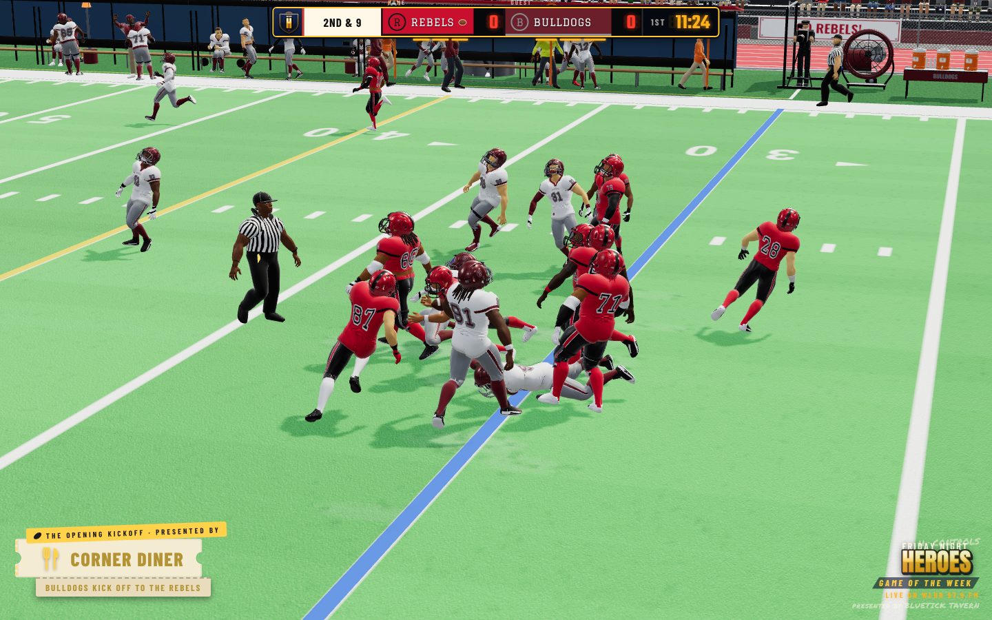 A tackle in the middle of the field under the stadium lights