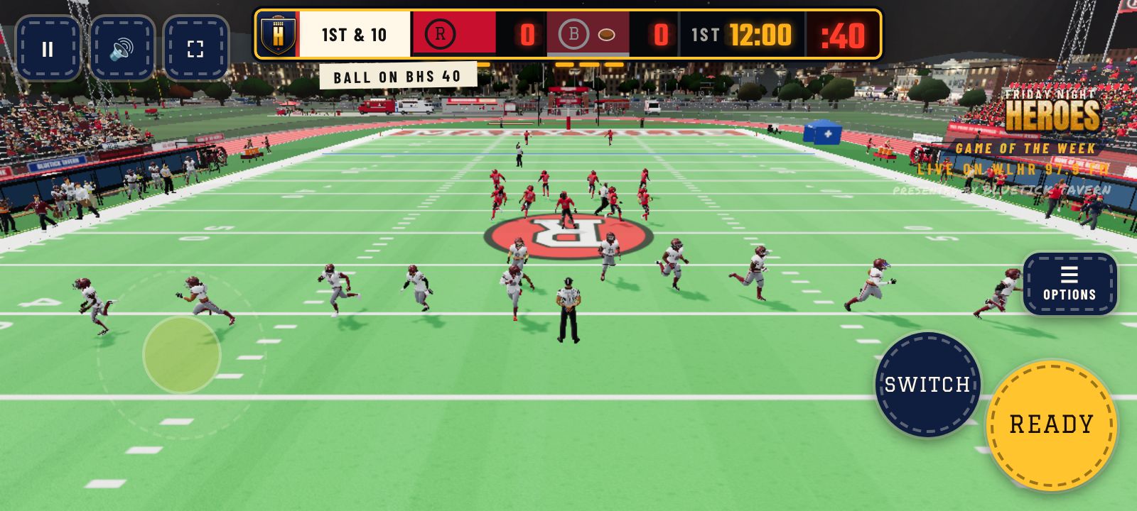 The game on a phone held sideways, with touch controls